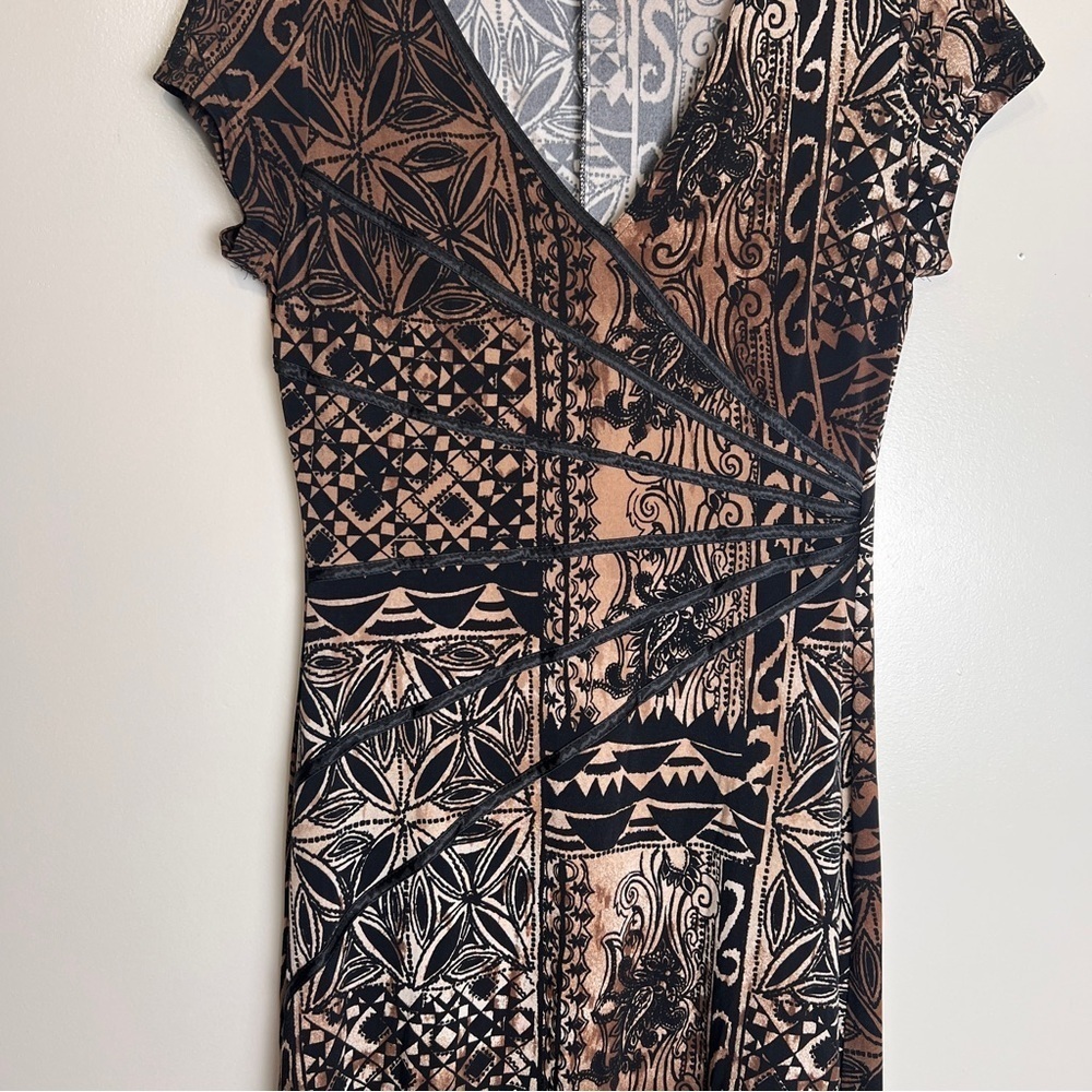 Chic & Gorgeous Black & Brown Geometric Flattering Fit Midi Dress Sz S-M EUC